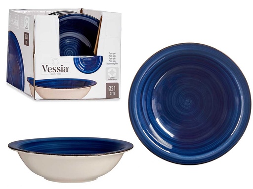 Plato hondo de gres azul con borde, ideal para tus comidas