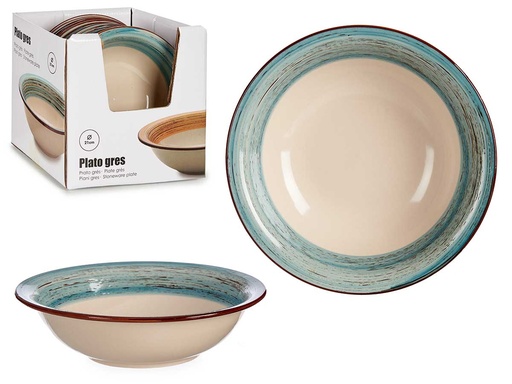Plato hondo de gres con cenefa 3D azul, ideal para tus comidas
