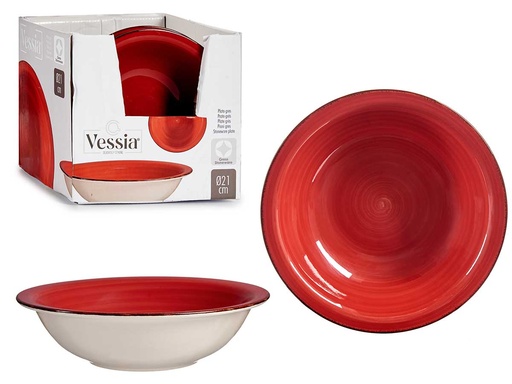 Plato hondo de gres rojo con borde, ideal para tus comidas elegantes