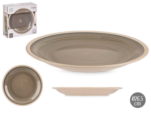 Plato llano de gres gris con borde, perfecto para mesas elegantes