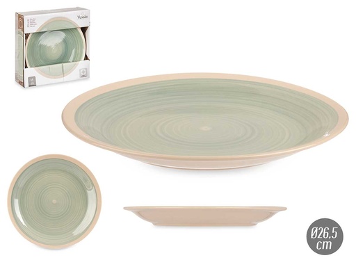 Plato llano grande de gres verde, elegante y versátil para tus comidas
