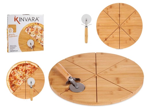 Plato pizza bambú 35cm con corta pizza bambú: funcional y ecoamigable