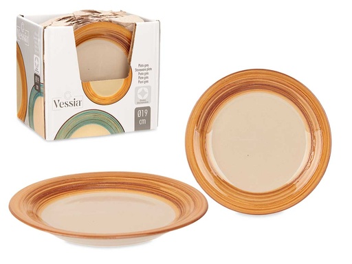 Plato postre de gres marrón con cenefa 3D, 19 cm de elegancia