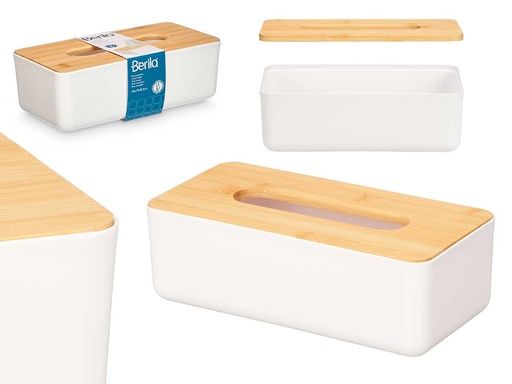 Porta pañuelos blanco con tapa de bambú, elegancia y funcionalidad