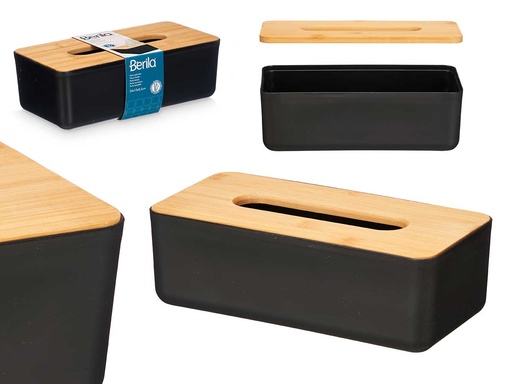 Porta pañuelos negro con tapa de bambú, elegancia y funcionalidad