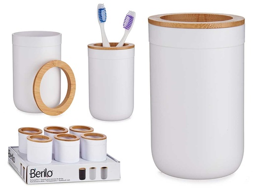 Portacepillos blanco con tapa de bambú: Elegancia y Sostenibilidad