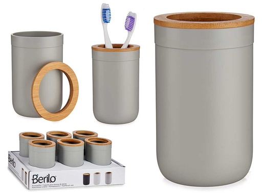 Portacepillos gris con tapa de bambú: Elegancia y sostenibilidad