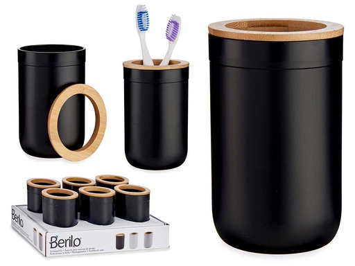 Portacepillos negro con tapa de bambú: Estilo y sostenibilidad