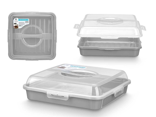 Portatarta cuadrado con asa gris, ideal para servir postres