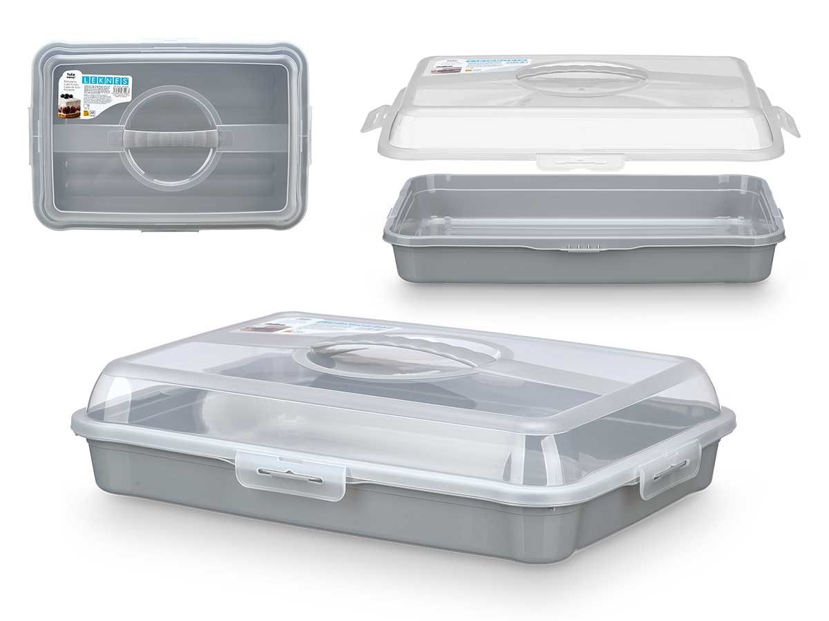 Portatarta rectangular con asa gris, ideal para tus celebraciones