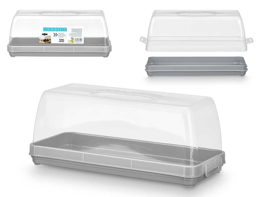 Portatarta rectangular con asa gris: ideal para transportar y servir