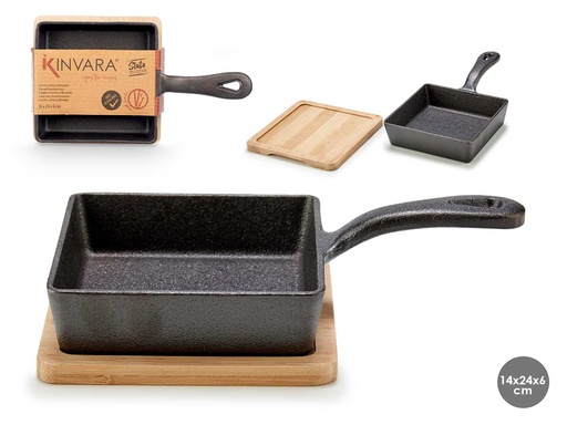 Sartén cuadrada de hierro con mango de bambú, cocina saludable