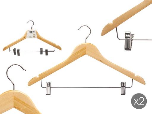 Set 2 perchas de madera con pinza para pantalón y ropa organizada