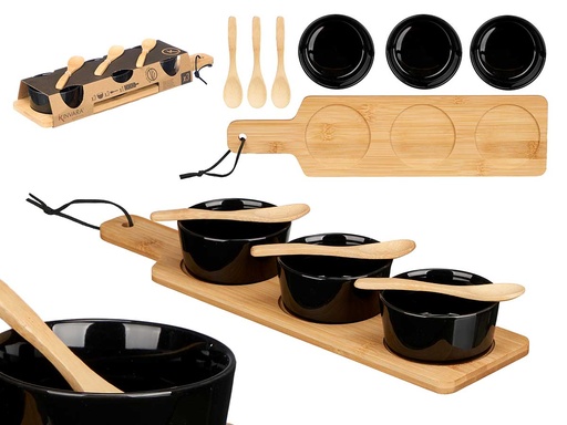 Set 3 bol de cerámica negra con cuchara y bandeja de bambú elegante