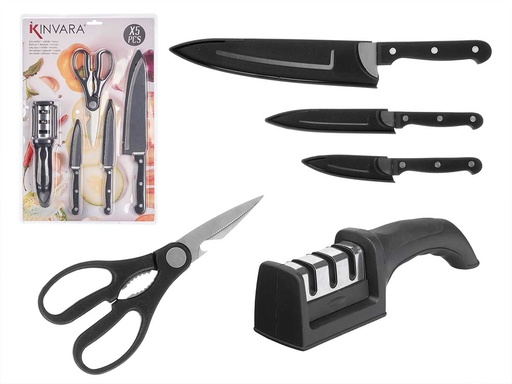 Set de 3 cuchillos, tijeras y afilador negro: corte preciso y fácil