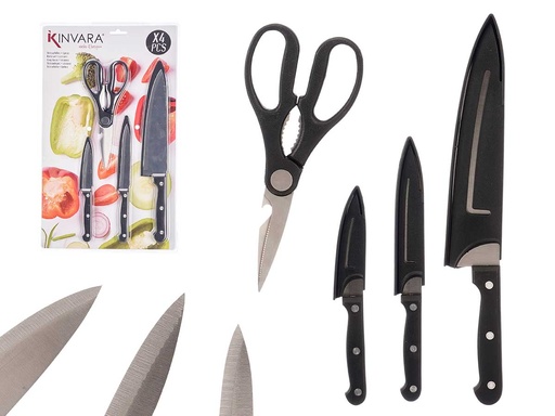 Set 3 cuchillos y tijera negro: elegancia y precisión en cocina