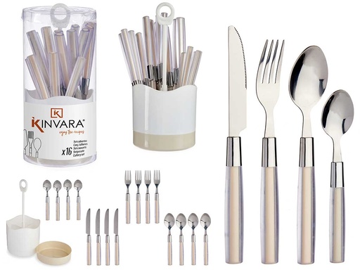 Set de 16 Cubiertos de Acero Inoxidable con Mango Beige Elegante