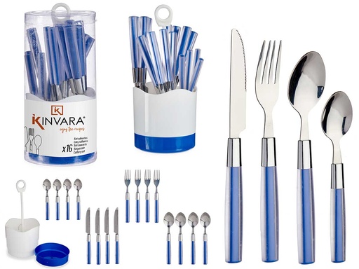 Set 16 Cubiertos de Acero Inoxidable con Mango Azul Oscuro Elegante