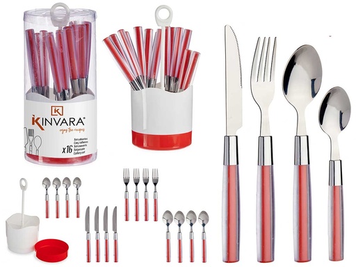 Cubiertos de acero inoxidable con mango rojo, elegantes y duraderos